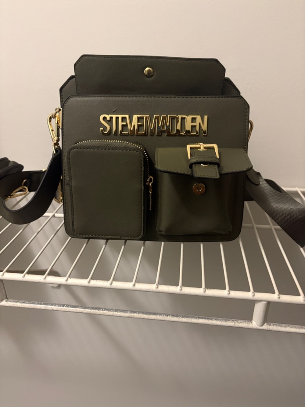 Steve Madden Olive Green Multi-Pocket Crossbody with Gold Logo